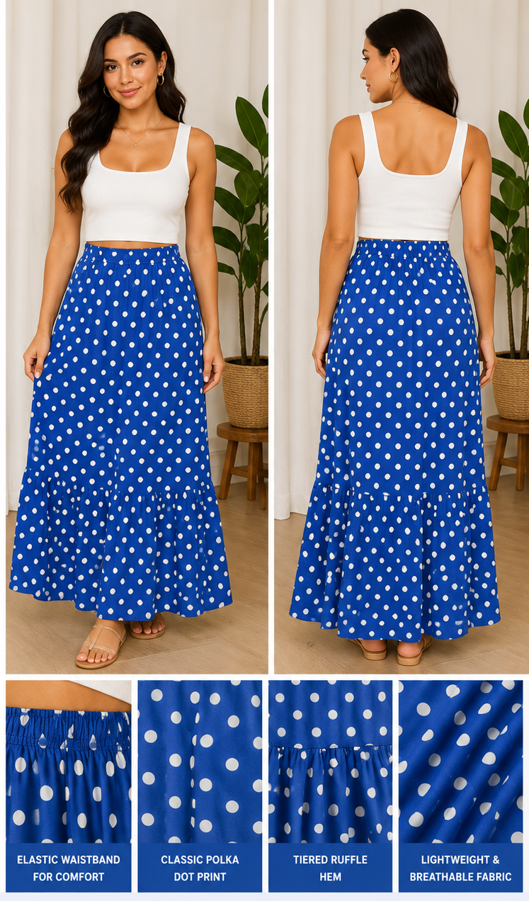 Roya blue polka dot flowy maxi skirt