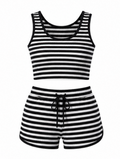 Striped Ribbed Cropped Tank & Shorts Lounge Set