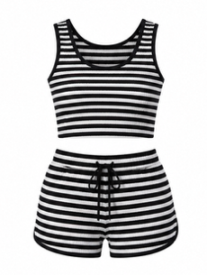 Striped Ribbed Cropped Tank & Shorts Lounge Set